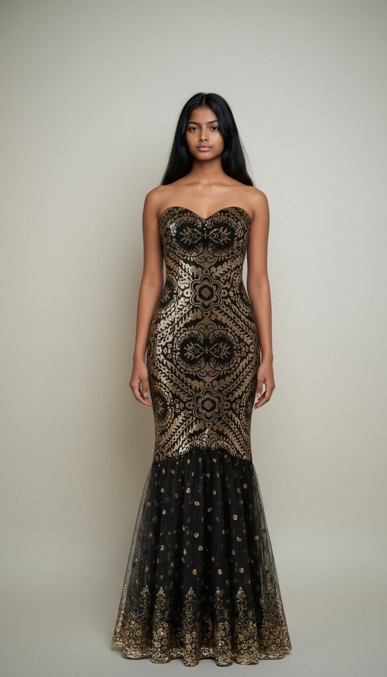 Angel Fashions Black and Gold Sequin Mermaid Maxi Dress